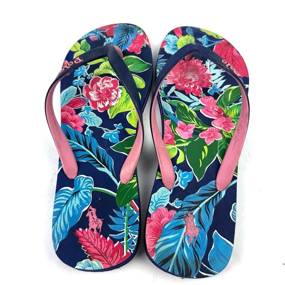 Polo Ralph Lauren Bolt Flip Flops 13-14 Navy Garden Floral Tropical Sandals Mens - Picture 3 of 7
